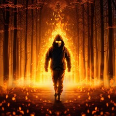 Wall Mural - Man in Burning Forest  Fantasy Illustration  Surreal Artwork  Dark Figure  Mysterious