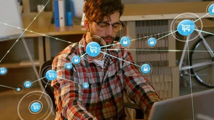 Poster - Animation of media icons over caucasian businessman using laptop