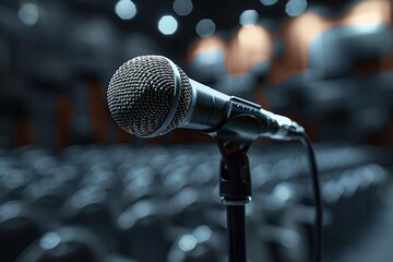 Aufkleber - Microphone on stage, speaker, conference. Generative AI.