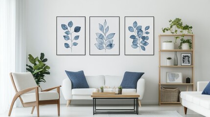 white wall with three posters of blue and gray leaves in the living room