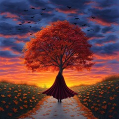 Canvas Print - Autumn Sunset with Person in Red Cape Walking Toward a Tree