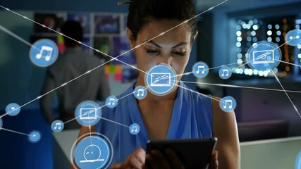 Poster - Animation of media icons over biracial businesswoman using tablet