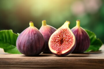 Freshly harvested figs on a wooden table with soft sunlight and green background in autumn