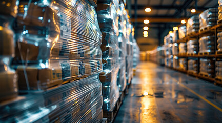 Poster - Pallet of wrapped food products in warehouse. Generative AI.