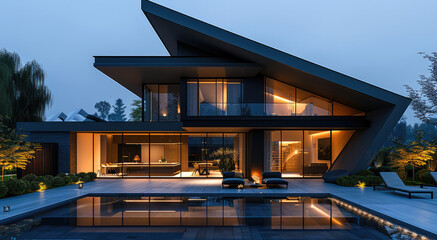 Poster - Modern minimalist house design, night front view. Main structure formed by two large triangles inclined toward the center, creating an inverted V shape. Exterior in dark metallic panel. Generative AI.