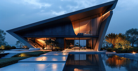 Leinwandbilder - Modern minimalist house design, night front view. Main structure formed by two large triangles inclined toward the center, creating an inverted V shape. Exterior in dark metallic panel. Generative AI.