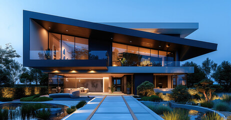 Leinwandbilder - Modern minimalist house design, night front view. Main structure formed by two large triangles inclined toward the center, creating an inverted V shape. Exterior in dark metallic panel. Generative AI.