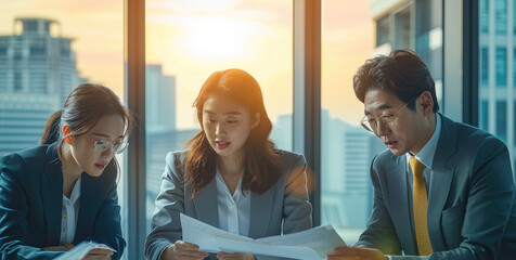 Poster - Korean business team, negotiating an acquisition deal in a high-rise office, city skyline visible through large windows, team members and clients reviewing documents, serious and focused expressions.