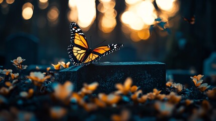 A butterfly flying over a gravestone transformation life and death intertwined