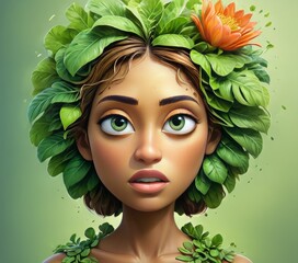 Close-up portrait of a young woman adorned with a crown of green leaves and an orange flower, evoking a connection to nature. The vibrant colors and serene expression create a captivating, natural