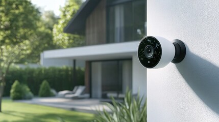 Outdoor smart home security camera mounted on the wall of a modern house close-up shot copy space concept detailed high-resolution professional photograph