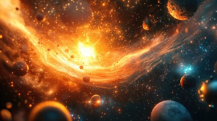 Wall Mural - Abstract background featuring shiny space elements futuristic shapes and wave illustrations depicting an explosion of stars and distant planets in a solar system 3D cartoon rendering