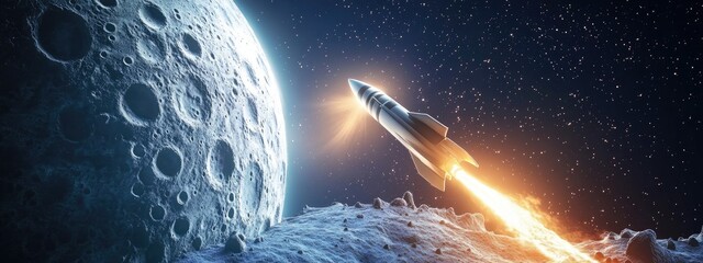 Aufkleber - A rocket soaring to the moon in a 3D cartoon rendering with sunlight breaking through behind the moon