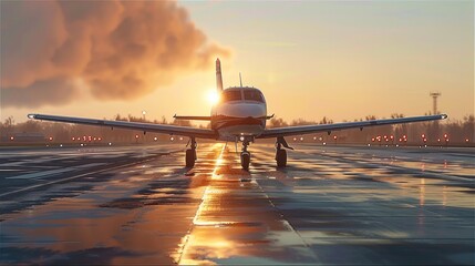 Poster - A training airplane performing a porpoise landing on a runway, Bright sunlight illuminates. Generative AI.