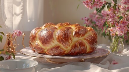 A freshly baked challah bread on a white tablecloth with a bouquet of pink flowers in the background.