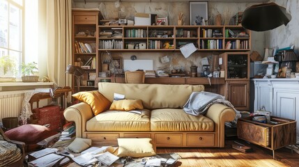 Wall Mural - Cluttered dining room featuring a sofa, shelving unit, and drawers overflowing with items.