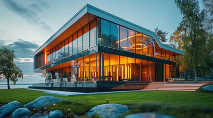 Leinwandbilder - Architectural theater building entirely of glass and wood on the grass. Generative AI.
