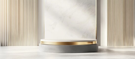 Poster - Round exhibition podium for cosmetic products 3D rendered illustration featuring a geometric architectural design Gray and white base with glass and gold accents