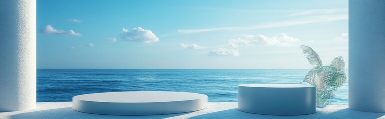 Poster - Summer themed product display podium set against a blue backdrop of sea and sky 3D rendering