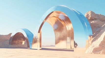 Poster - Abstract sandy dune cliff featuring metallic arches against a clear blue sky Surreal and minimal desert landscape background Scene showcases glossy metallic arches in a geometric design 3D render