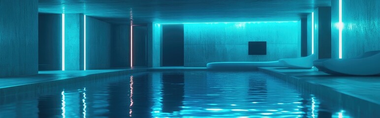Fototapete - Futuristic sci fi room with neon lasers featuring a reflective water surface in a cybernetic underground setting rendered in 3D