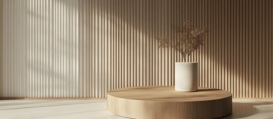 Poster - Cream cylinder on a circular geometric podium with a brown wood texture in a 3D rendering
