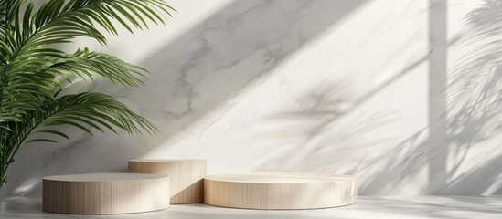 Aufkleber - Wooden podiums featuring a green palm leaf create a shadow in a sophisticated white interior with a grey marble wall illuminated by sunlight ideal for showcasing cosmetic products