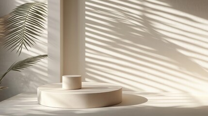 Poster - Cosmetic product presentation template featuring an object display on a beige geometric abstract block podium with shadows created by textured wall window blinds in a 3D rendering