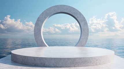 Poster - Round opening with ocean views Terrazzo stone sculpture Unoccupied platform for mockup design Bright summer advertising composition 3D rendered illustration
