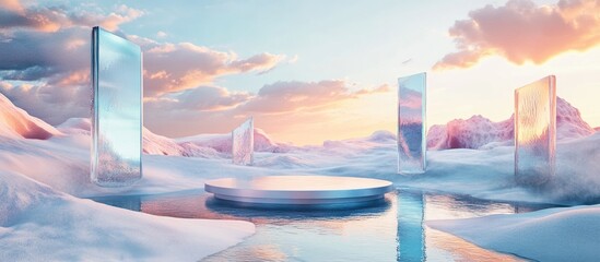 Poster - Surreal landscape rendered in 3D featuring a circular podium surrounded by water and vibrant sand The backdrop includes abstract glass and mirror shapes and objects creating a futuristic fantasy sc