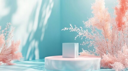 Aufkleber - Winner s podium with natural beauty elements minimalistic cube and an abstract background Scene featuring pastel blue and coral colors Stylish 3D render suitable for social media banners promotions