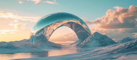 Poster - Surreal dreamlike landscape featuring abstract dunes in a winter setting complemented by a geometric arch Enchanting island scenery with water and a natural cloudy sky highlighted by a metallic mir