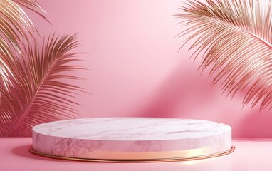 Aufkleber - Marble gold podium mockup featuring a pink palm leaf overlay against a pink backdrop embodying a tropical summer theme with a minimalist and abstract aesthetic ideal for banners and product advert