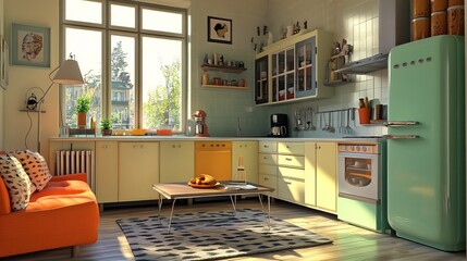 Wall Mural - Cozy kitchen featuring a retro-style coffee table, perfect for enjoying meals and socializing