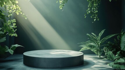 Aufkleber - Minimal abstract summer backdrop featuring a 3D dark green concrete podium illuminated by lights and the shadows of plants designed for branding and product showcases 3D rendering of a natural ston