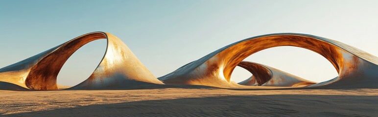 Poster - Abstract sandy dune cliffs featuring metallic arches under a clear blue sky Surreal minimalistic desert landscape background Scene depicting glossy metallic arches with geometric design 3D renderi