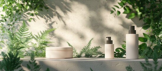 Poster - Organic podium for showcasing cosmetic products in a natural green setting 3D rendering