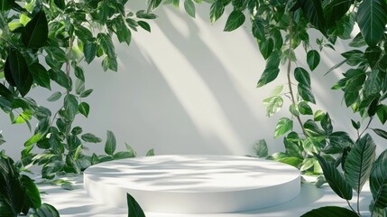 Poster - Empty Podium Surrounded by Green Leaves 3D Render