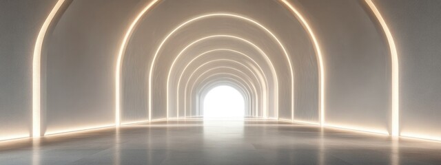 Poster - Glowing empty arched passage in a 3D interior design rendering