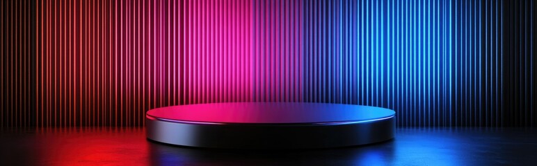 Poster - Metallic dark podium with a neon red and pink light backdrop against a black themed metal wall 3D rendered illustration