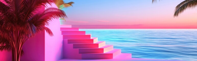 Poster - Summer beach setting featuring white stairs and palm tree shadows ideal for product presentation Abstract three dimensional summer landscape with a view of the ocean