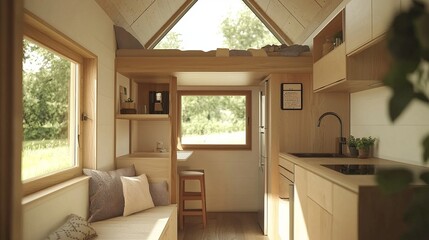 Canvas Print - A cozy and modern tiny house interior with a loft bed, a kitchen with a sink and a window overlooking a green lawn.