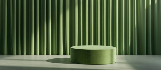 Poster - Minimal product display background for a sales event concept Green upholstered podium set against a green curtain backdrop 3D render illustration with clipping paths for each element included