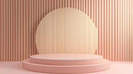 Poster - Pastel colored booth podium in a circular stage display with a table background template featuring a minimalist wood wall composition in 3D rendering