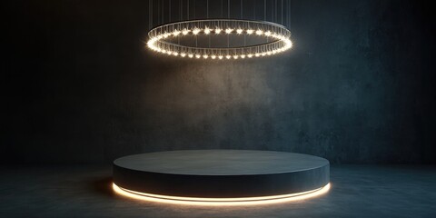 Poster - Futuristic circular pedestal or platform featuring a chandelier Blank product display or stand Empty future stage with glowing lights 3D rendering of a modern backdrop