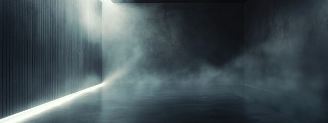 Leinwandbilder - Dimly lit interior space featuring walls and floor with concentrated textures enveloped in fog and mist 3D rendering