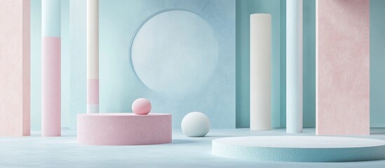 Poster - Abstract geometric shapes in pastel colors create a minimal modern style background ideal for booth podium stage display table mockup composition in 3D rendering