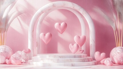 Aufkleber - Pastel Marble Podium with Heart Decorations Backdrop 3D Rendering