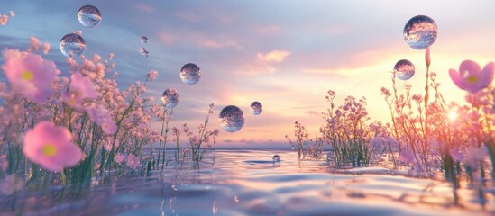 Poster - Abstract landscape featuring spring flowers and water bubbles 3D rendering