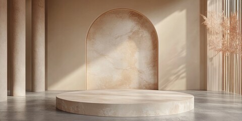 Poster - Abstract beige backdrop featuring natural stone and a podium in 3D render